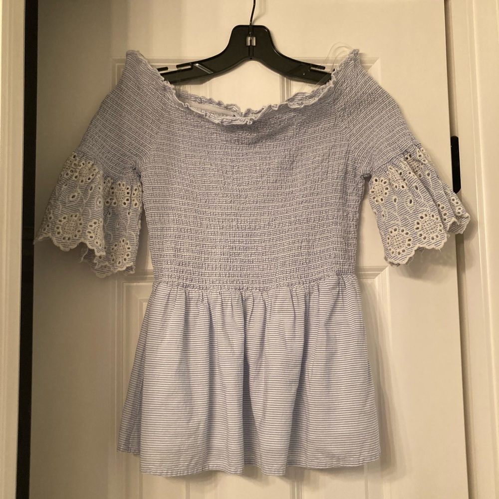 Blue Rain off-the-shoulder smocked top